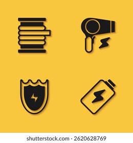 Set Wire electric cable on reel, Battery charge, Lightning and shield and Hair dryer icon with long shadow. Vector