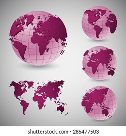 Set of wire frame world globes