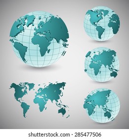 Set of wire frame world globes
