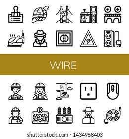 Set of wire icons such as Clip, Iron, Earth grid, Detective, Bridge, Socket, Military base, Voltage, Power strip, Electrician, Vga, Zip line, Power transformer, Mouse, Data cable , wire