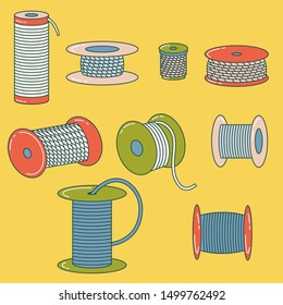 Set of wire spools, thread, alloy, rope reel. Coil. Outline drawing. Flat style. Vector editable illustration