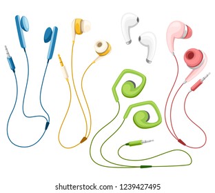 Set of wired and wireless earbuds. Colorful earphones in flat style. Lifestyles accessories. Flat vector illustration isolated on white background.