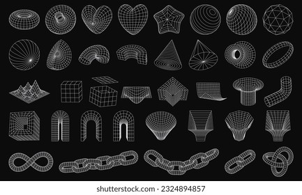 Set of wireframe 3D geometric shapes. Wire frame abstract figures. Distorted mesh grids. Chain, cone, Infinity Symbol, arc, star, sphere, knot. Isolated Graphic design elements