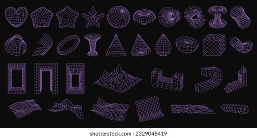 Set of wireframe 3D geometric shapes. Abstract figures, Distorted mesh grids. Mountains, Cone, distorted planes, arcs, cube, black hole, globe. Isolated Graphic design elements. Editable strokes.