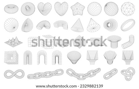 Set of wireframe 3D geometric shapes. Wire frame abstract figures. Distorted mesh grids. Chain, cone, Infinity Symbol, arc, star, sphere, knot. Graphic design elements isolated on white background.