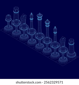 Set of wireframe chess isometric figures. Vector illustration