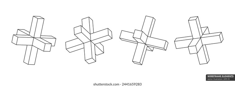 Set of wireframe crosshair from different sides. Collection of lowpoly 3D polygonal shapes. Cross Grid Geometry vector illustration