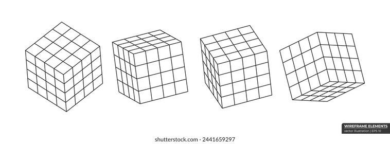 Set of wireframe cube from different sides. Collection of lowpoly 3D polygonal shapes. Cube Grid Geometry vector illustration