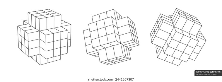 Set of wireframe cube from different sides. Collection of lowpoly 3D polygonal shapes. Cross Grid Geometry vector illustration