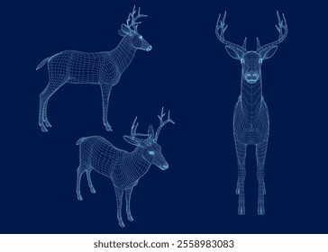 Set with wireframe deer of blue lines on a dark background. Side, front and isometric view. 3D. Vector illustration