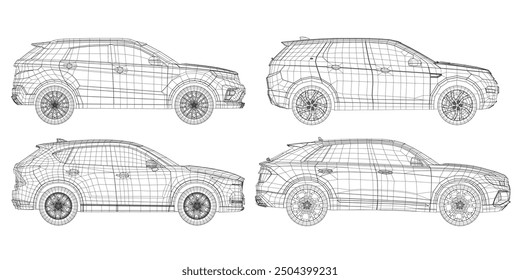 Set of wireframe different models of cars. Vector flat style illustration. Side view car vector illustration. 3D.