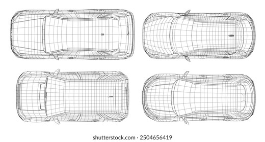 Set of wireframe different models of cars. Vector flat style illustration. Top view car vector illustration. 3D