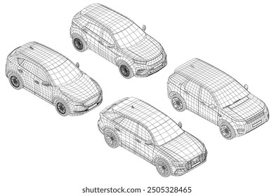 Set of wireframe different models of cars. Vector flat style illustration. Isometric view car vector illustration. 3D.