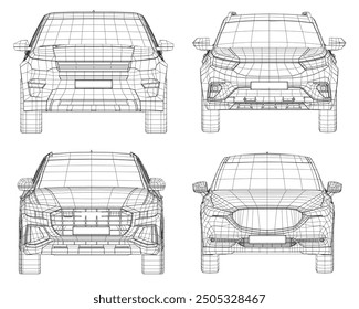 Set of wireframe different models of cars. Vector flat style illustration. Front view car vector illustration. 3D