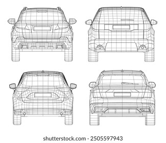 Set of wireframe different models of cars. Vector flat style illustration. Back view car vector illustration. 3D.