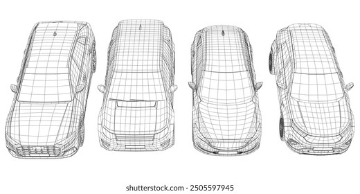 Set of wireframe different models of cars. Vector flat style illustration. Front view car vector illustration. 3D