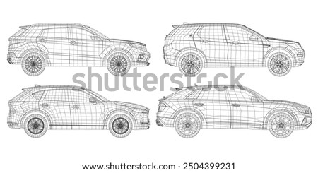 Set of wireframe different models of cars. Vector flat style illustration. Side view car vector illustration. 3D.