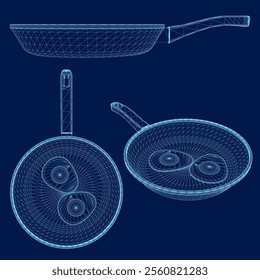 Set wireframe frying pan vector illustration. Cute Breakfast Food Icon - Frying pan With Eggs