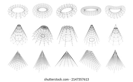 Satz geometrischer Drahtrahmen-Formen mit verbundenen Linien und Punkten. Sammlung von Tori, Zapfen und Pyramiden einzeln auf weißem Hintergrund. Netzwerkverbindungsstruktur. Vektorgrafik.