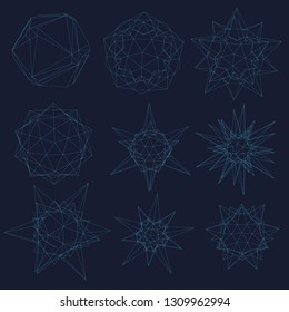 Set with wireframe of geometric shapes of different shapes on a dark blue background. Geometric shapes from the blue lines. Polygonal shapes for your projects. 3D. Vector illustration.