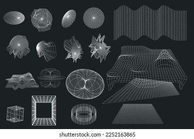 Set of wireframe geometric shapes in various shapes on a white background. Geometric shape of black lines. Polygonal shape, wave wireframe, wave globe, vector suitable for element design