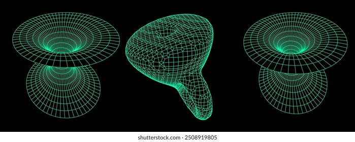 A set of wireframe illustrations of tunnels and Klein's bottle. Conceptual vector illustrtion of time-space 4D curvature and wormholes.
