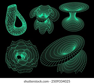 Un conjunto de ilustraciones de wireframe de túneles y la botella de Klein. Ilustración de Vector conceptual de curvatura 4D del espacio-tiempo y agujeros de gusano.