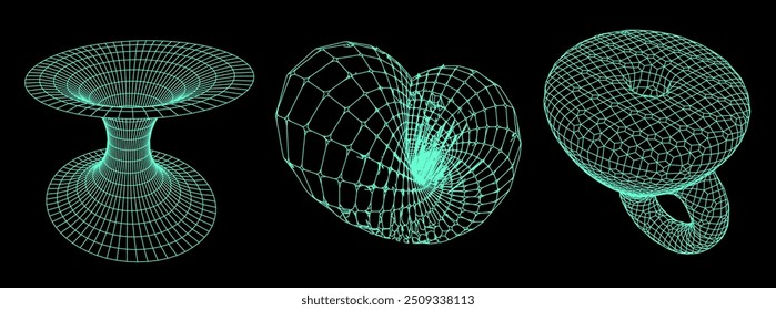 A set of wireframe illustrations of tunnels and Klein's bottle. Conceptual vector illustrtion of time-space 4D curvature.