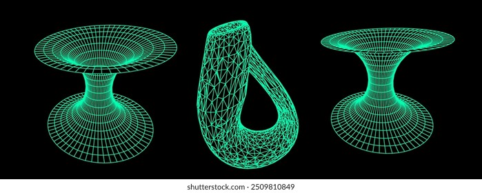 Conjunto de ilustraciones de wireframe de túneles y la botella de Klein. Ilustración de Vector conceptual de curvatura 4D del espacio-tiempo y agujeros de gusano.