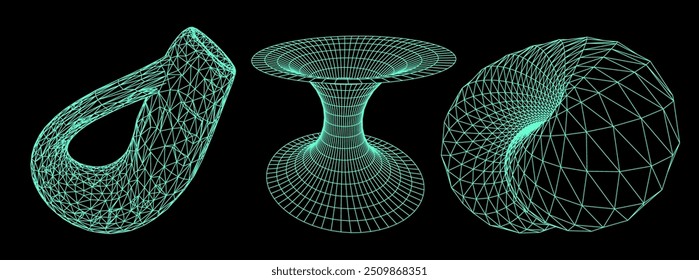 A set of wireframe illustrations of tunnels and Klein's bottle. Conceptual vector illustrtion of time-space 4D curvature and wormholes.
