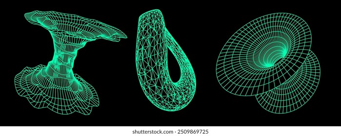 A set of wireframe illustrations of tunnels and Klein's bottle. Conceptual vector illustrtion of time-space 4D curvature and wormholes.
