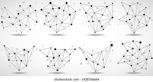 Set of wireframe mesh with dot and line, network connection, abstract form