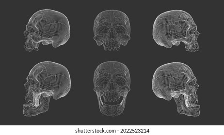 Set Wireframe mesh Skull Human, Scary, Locally Deformed Lines on Black background, geometric polygons line art. Cartoon Style. Isolated object. Design materials. 3D Scan. Vector Illustration.