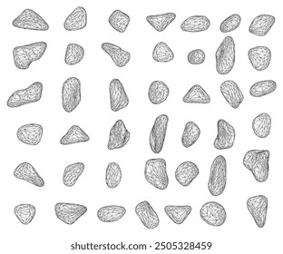 Set of wireframe pebbles and natural stones. Hand drawn illustration vector. Isolated on white background.