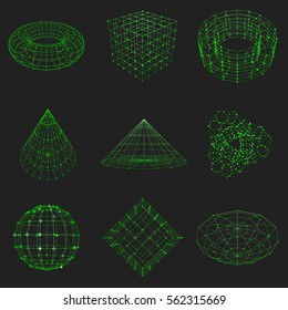 Set of wireframe polygonal elements. Abstract geometric 3D objects with connected lines and dots. Green objects on black background
