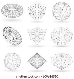 Set of wireframe polygonal elements. Abstract geometric 3D objects with connected lines and dots. Set of vector illustrations on white background with shades