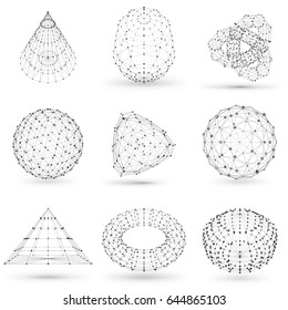 Set Of Wireframe Polygonal Elements. Abstract Geometric 3D Objects With Connected Lines And Dots. Set Of Vector Illustrations On White Background With Shades