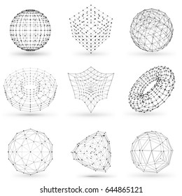 Set of wireframe polygonal elements. Abstract geometric 3D objects with connected lines and dots. Set of vector illustrations on white background with shades