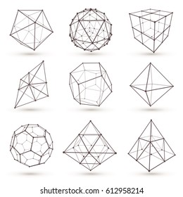 Set of wireframe polygonal elements. Geometric 3D objects with connected lines and dots. Vector illustrations set