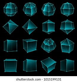 Set of wireframe polygonal luminescent elements on a black background
