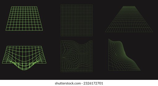 Set of wireframe shapes. Cyber neo futuristic grids, 3d mesh objects. Wireframe wavy geometric perspective shapes. 80s cyberpunk elements, vector set.