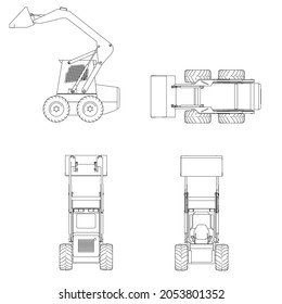 Set with wireframe of a small forklift from black lines isolated on white background. Side, front, back, top view. Vector illustration
