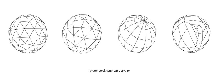 Set of wireframe sphere from different sides. Vector abstract geometric 3D objects. Technology block chain network connection. Big data visualization.