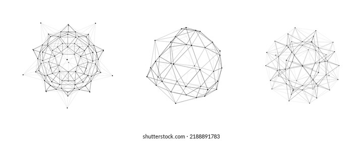 Set of wireframe sphere from different sides. Vector abstract geometric 3D objects. Technology block chain network connection. Big data visualization.