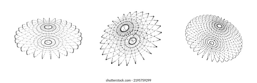 Set of wireframe sphere from different sides. Vector abstract geometric 3D objects. Technology block chain network connection. Big data visualization.