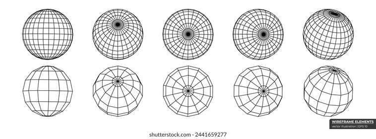 Set of wireframe spheres from different sides. Collection of lowpoly 3D polygonal shapes. Globe Grid Geometry vector illustration