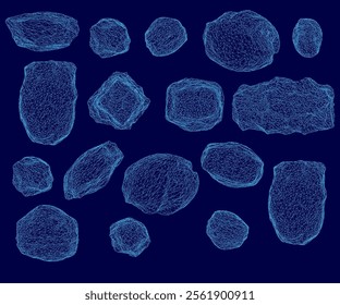 set of wireframe stones vector illustration. 3D