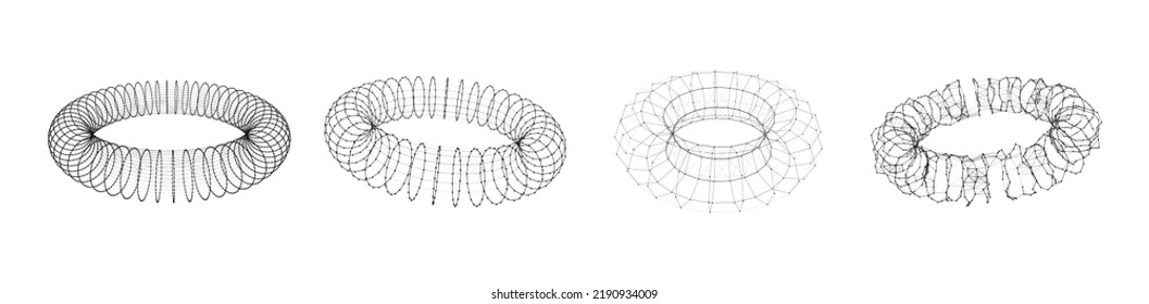 Set of wireframe torus from different sides. Vector abstract geometric 3D objects. Technology block chain network connection. Big data visualization.