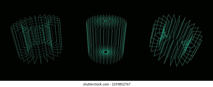 Satz von Drahtrohren und Zylinder von verschiedenen Seiten. Abstrakte, geometrische 3D-Objekte in Vektorgrafik. Netzwerkverbindung zwischen Technologieketten. Visualisierung großer Daten.