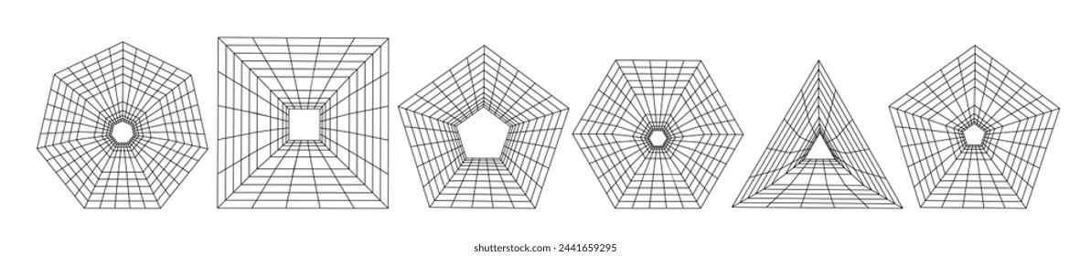 Set of wireframe tunnels in different shapes. Collection of lowpoly 3D polygonal wormhole. Grid Geometry vector illustration